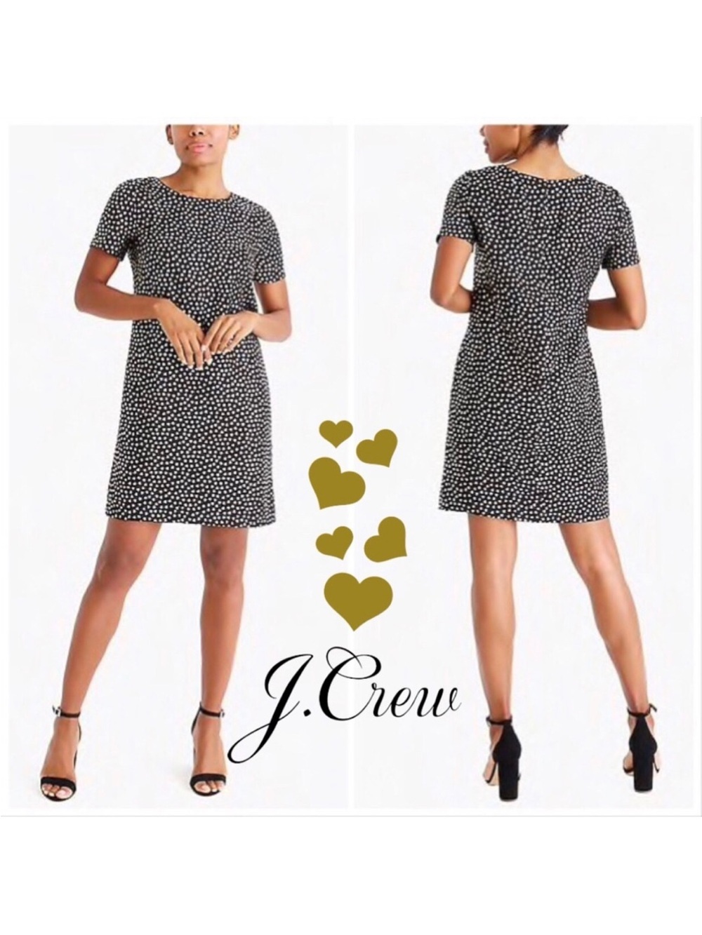 J Crew Black Gold Hearts Dress Crew Neck Short Sleeve Knee Length Sheath 8 NEW